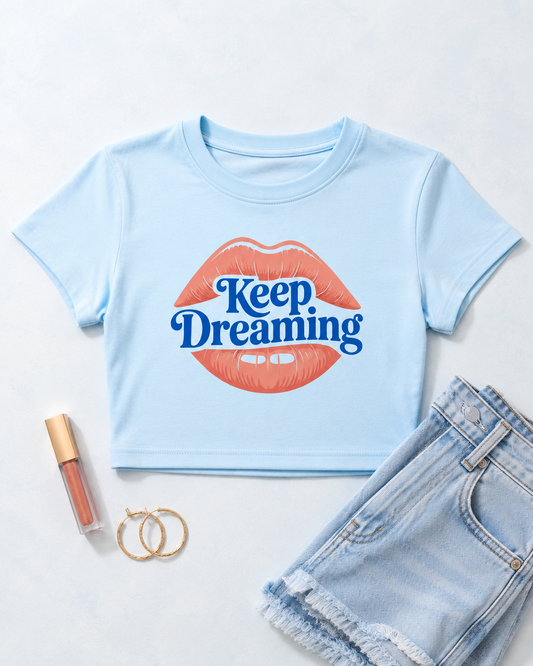 Keep Dreaming Women's Baby Blue Crop Top | Retro Lips Graphic Tee