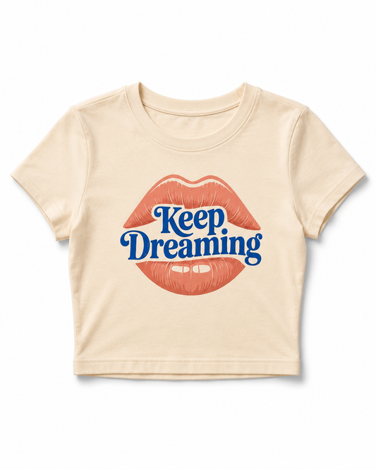 Keep Dreaming Women's Cream Crop Top | Retro Lips Graphic Tee
