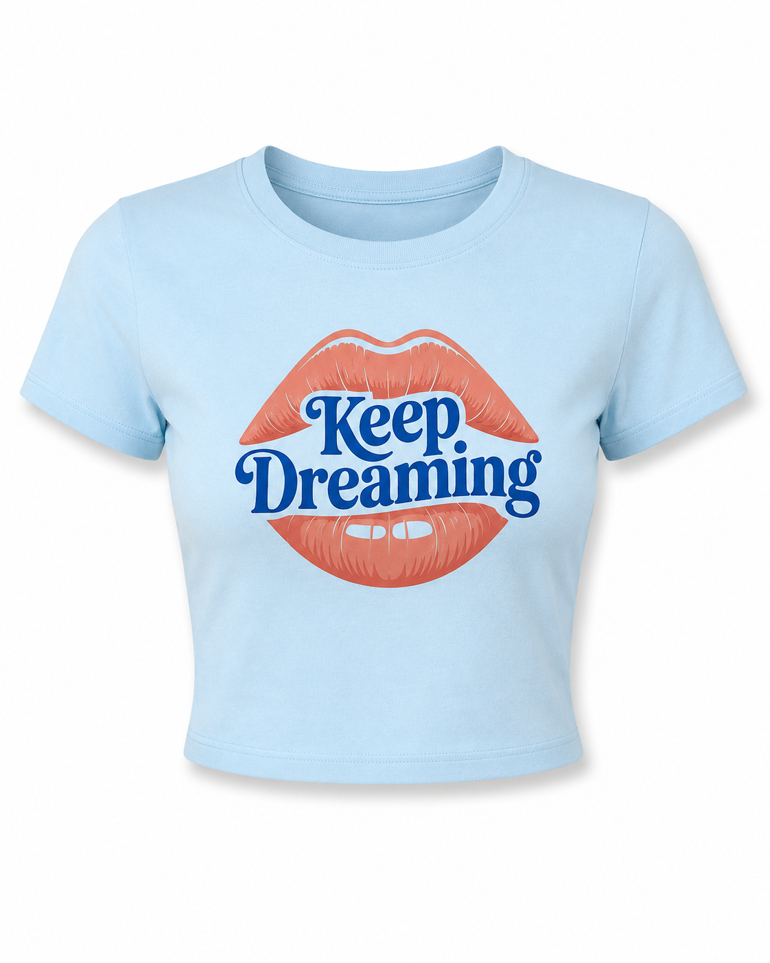 Keep Dreaming Women's Baby Blue Crop Top | Retro Lips Graphic Tee