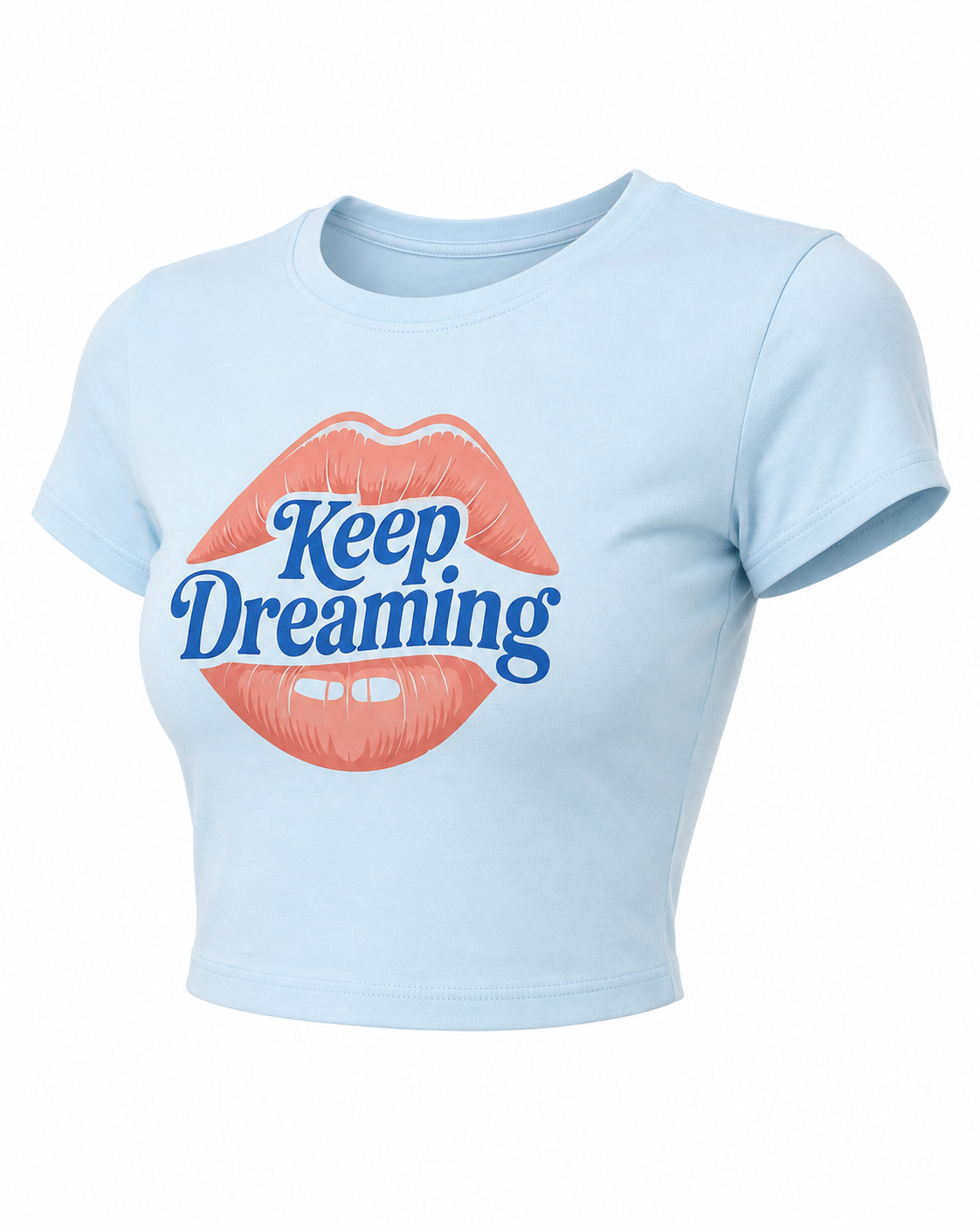 Keep Dreaming Women's Baby Blue Crop Top | Retro Lips Graphic Tee
