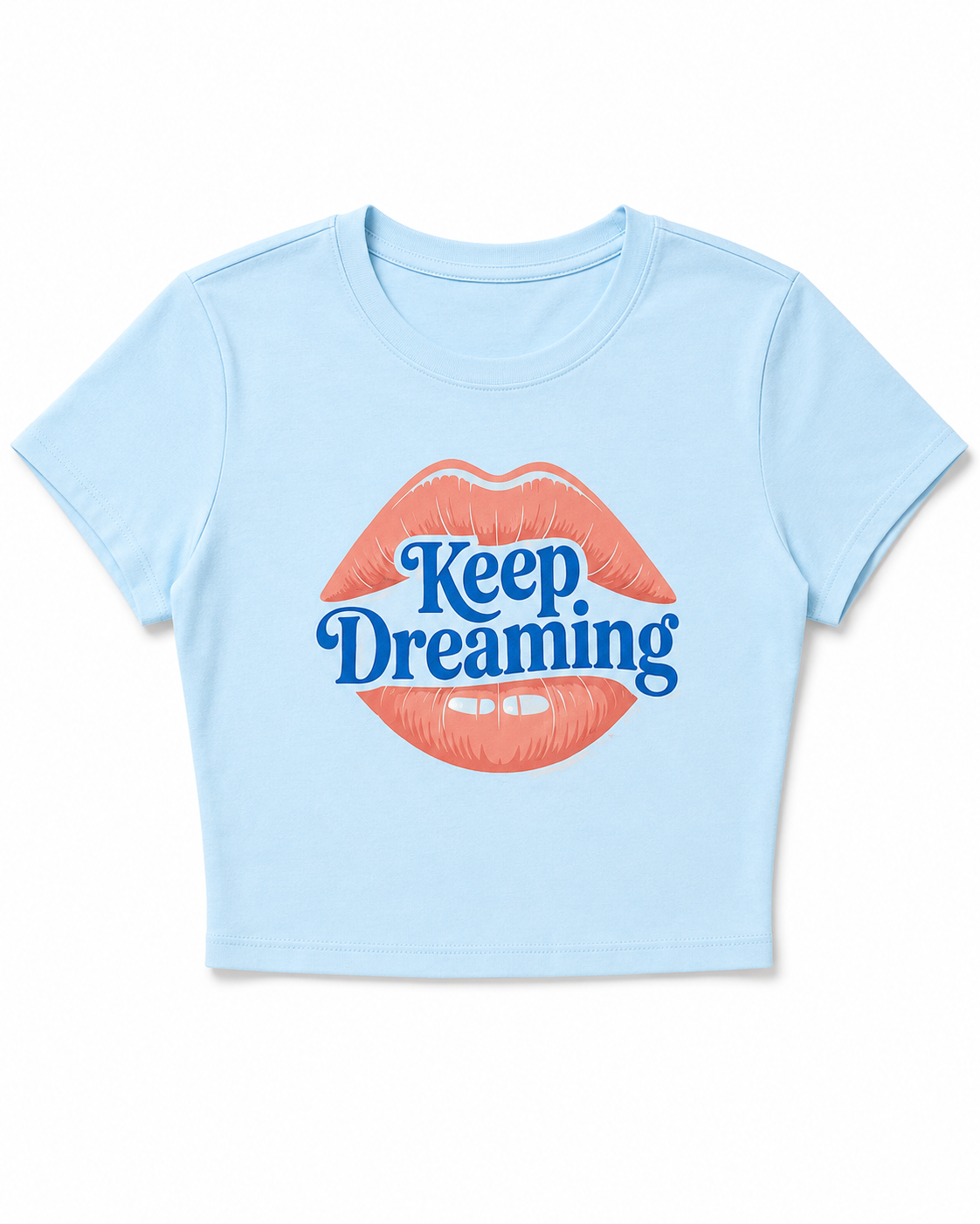 Keep Dreaming Women's Baby Blue Crop Top | Retro Lips Graphic Tee