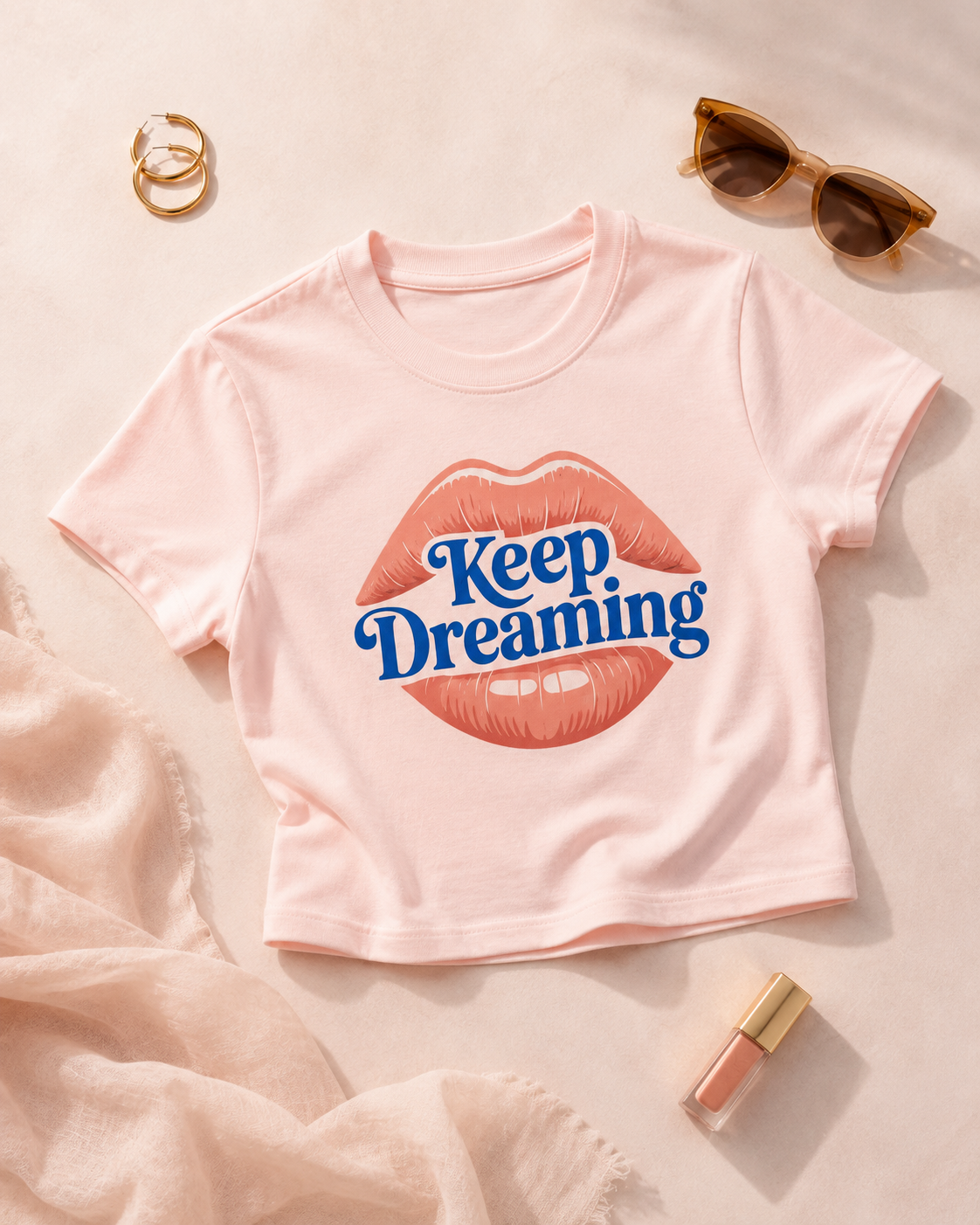 Keep Dreaming Women's Pink Crop Top | Retro Lips Graphic Tee