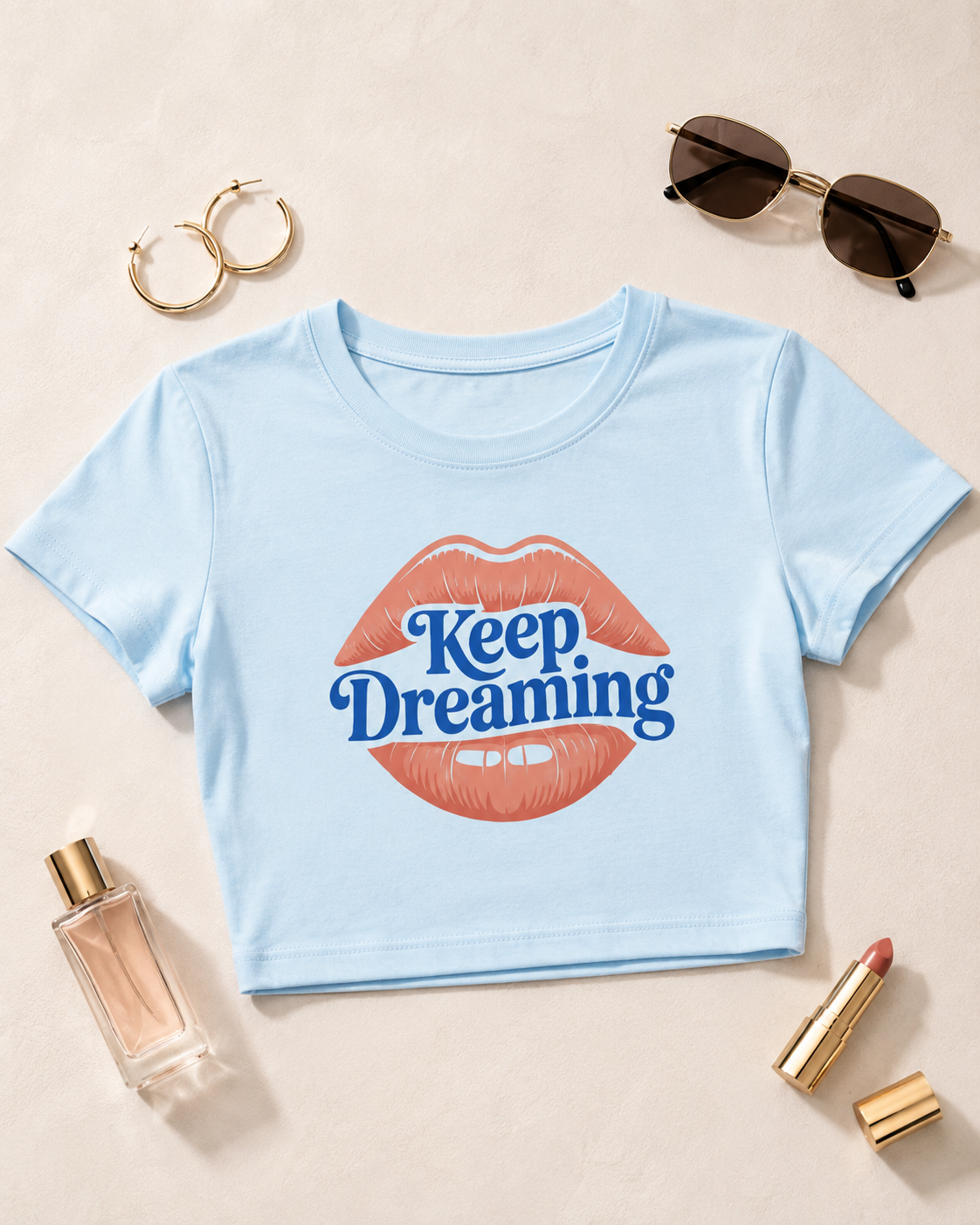Keep Dreaming Women's Baby Blue Crop Top | Retro Lips Graphic Tee