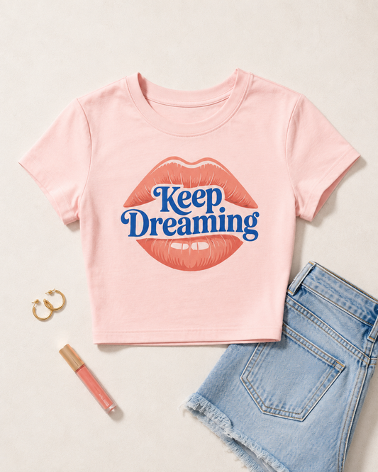 Keep Dreaming Women's Pink Crop Top | Retro Lips Graphic Tee