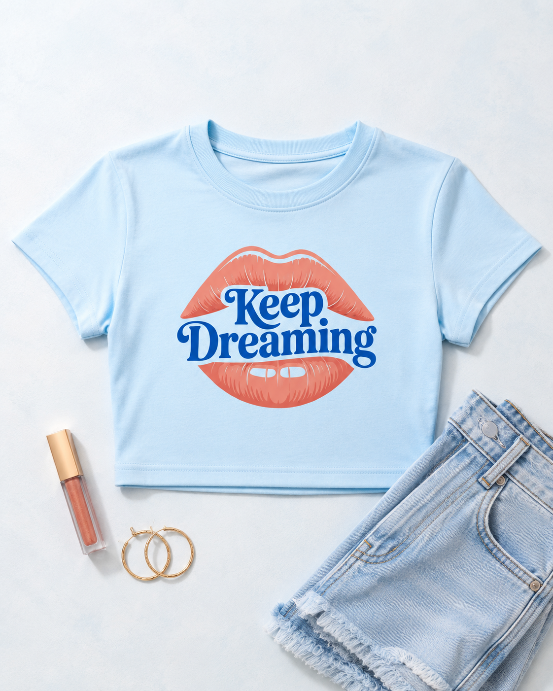 Keep Dreaming Women's Baby Blue Crop Top | Retro Lips Graphic Tee