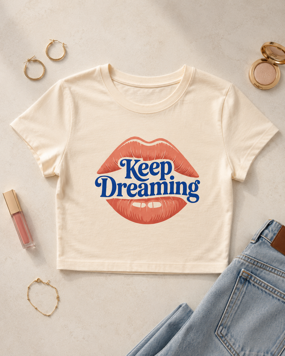 Keep Dreaming Women's Cream Crop Top | Retro Lips Graphic Tee