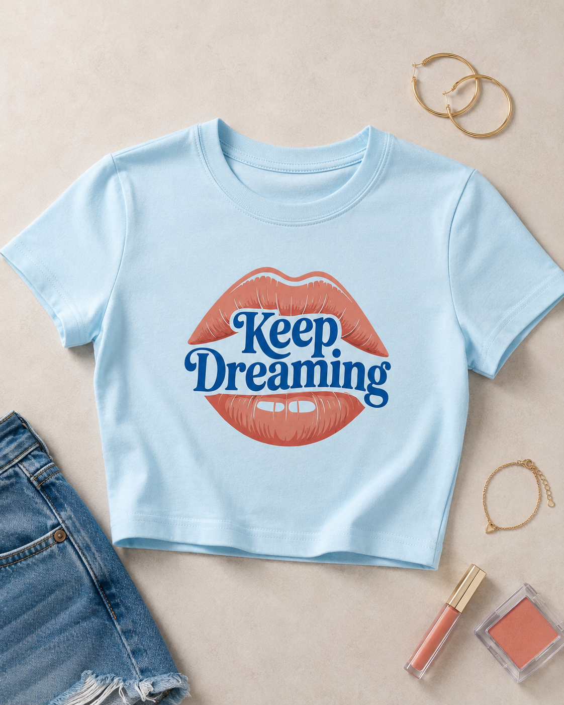 Keep Dreaming Women's Baby Blue Crop Top | Retro Lips Graphic Tee