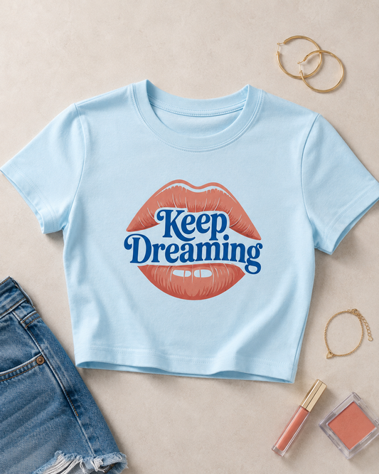 Keep Dreaming Women's Baby Blue Crop Top | Retro Lips Graphic Tee