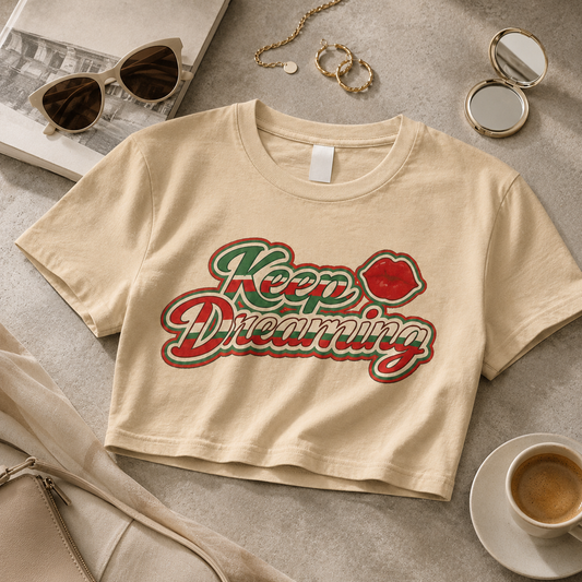 Keep Dreaming Tan Cropped Graphic Tee | Vintage Latina Cultura Shirt