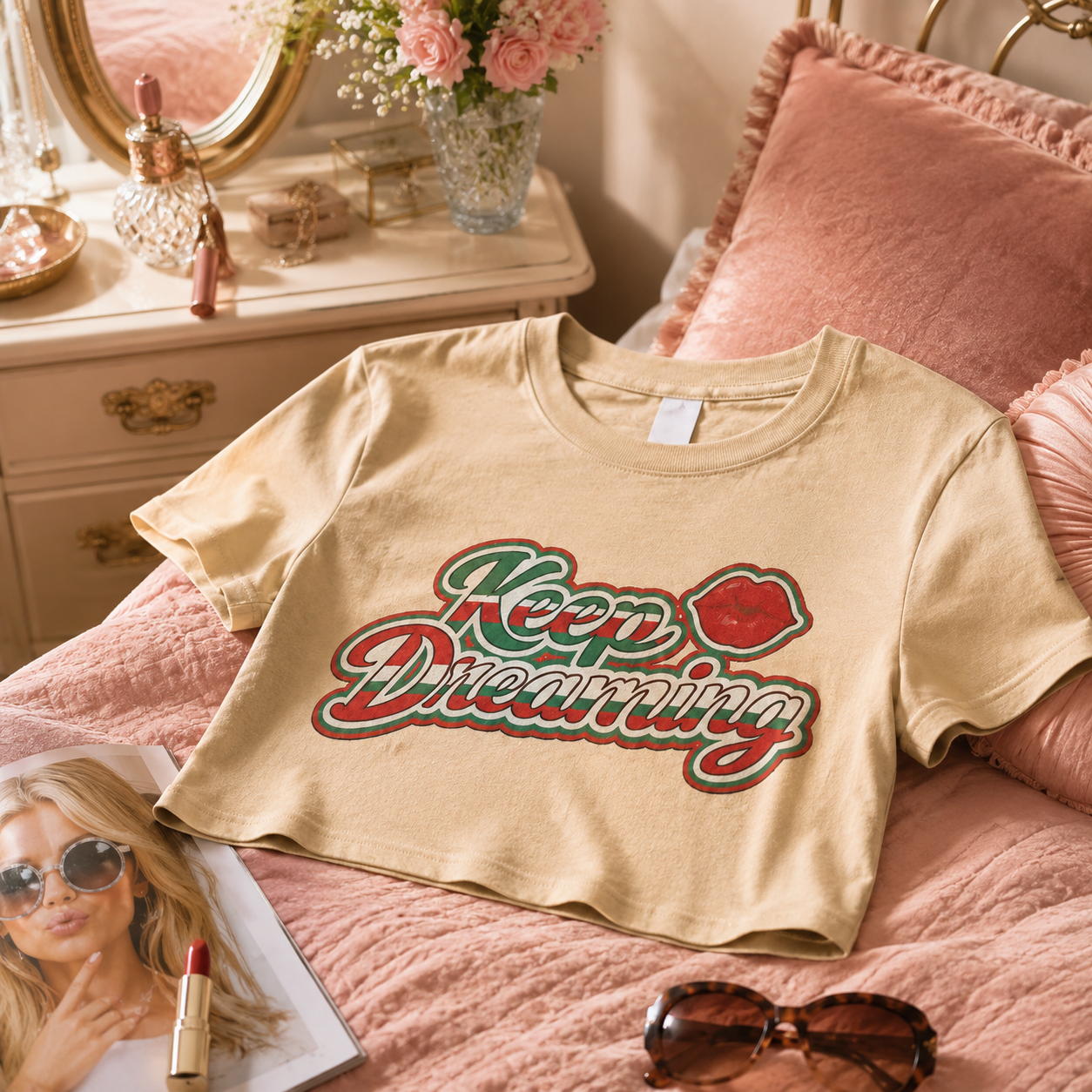 Keep Dreaming Tan Cropped Graphic Tee | Vintage Latina Cultura Shirt