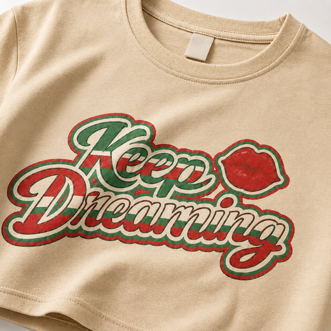 Keep Dreaming Tan Cropped Graphic Tee | Vintage Latina Cultura Shirt
