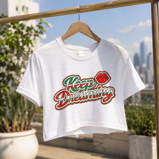 Keep Dreaming White Cropped Graphic Tee | Retro Latina Statement Shirt