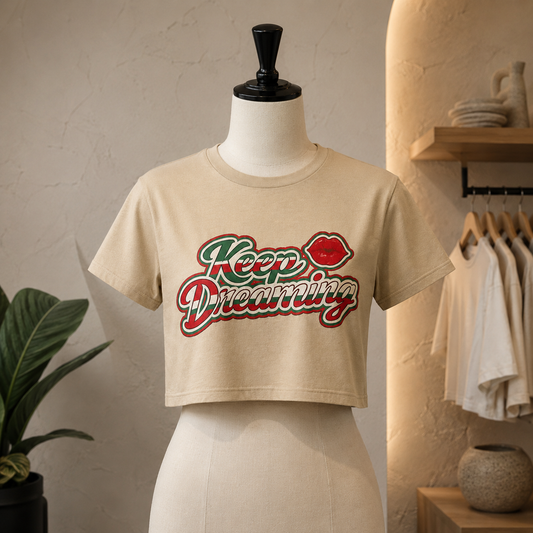Keep Dreaming Tan Cropped Graphic Tee | Vintage Latina Cultura Shirt