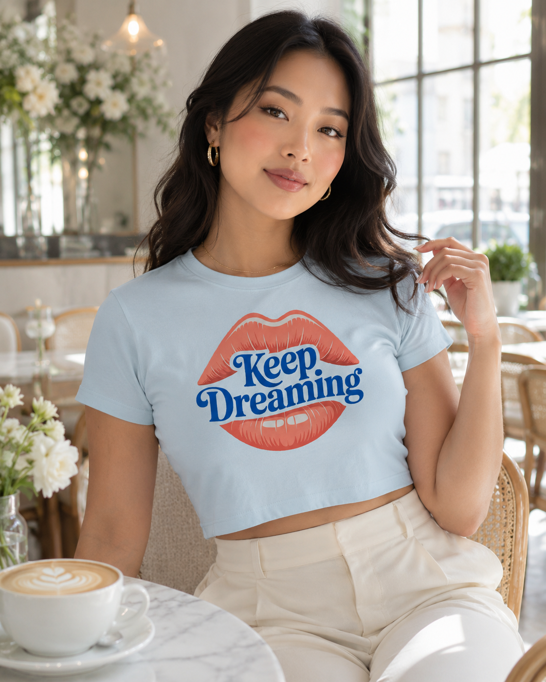 Keep Dreaming Women's Baby Blue Crop Top | Retro Lips Graphic Tee
