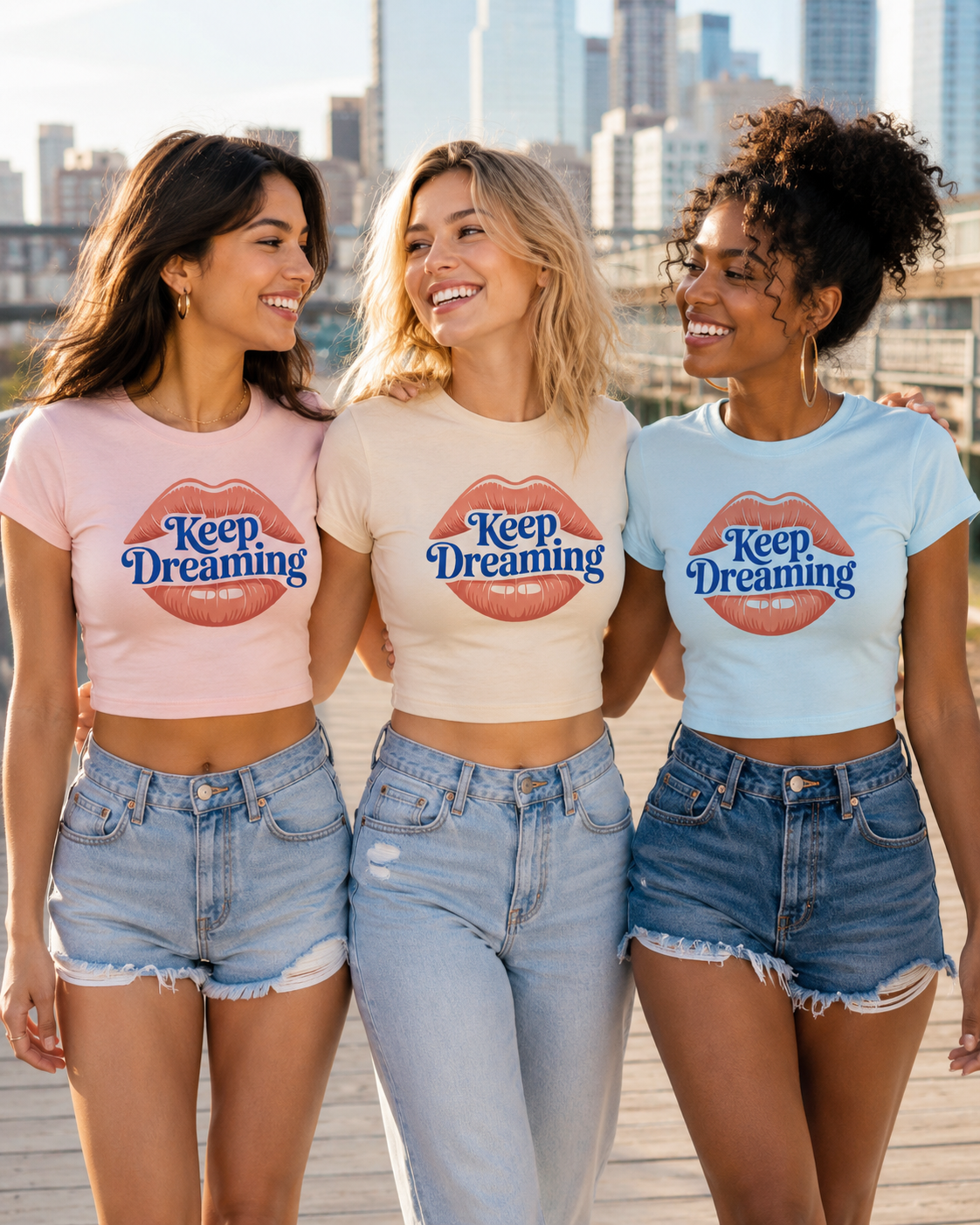 Keep Dreaming Women's Baby Blue Crop Top | Retro Lips Graphic Tee